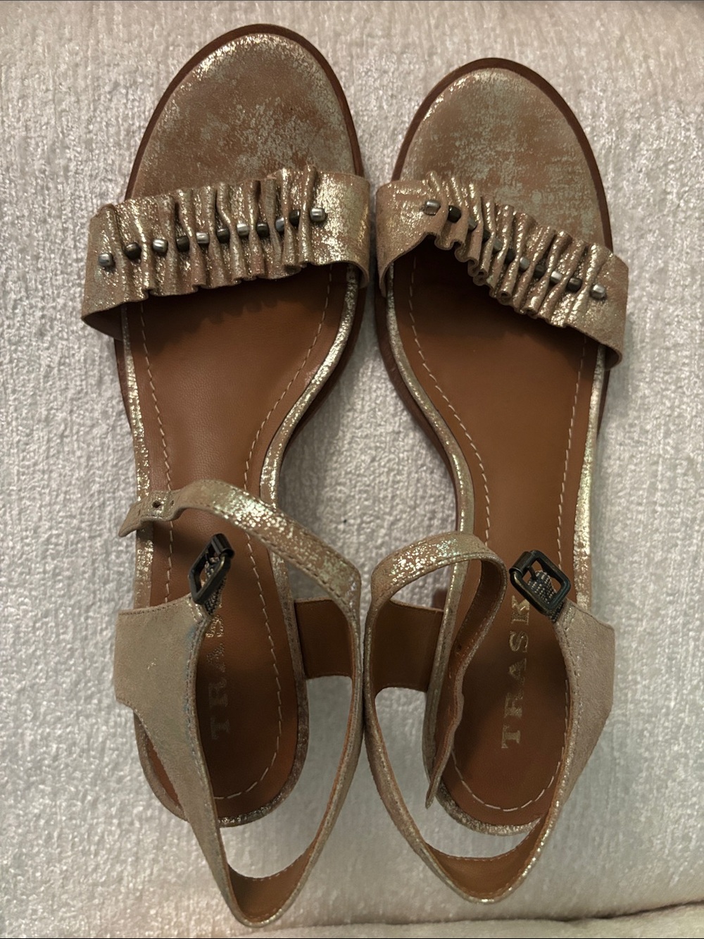 Trask Metallic Gold Ruffle-Trim Ankle-Strap Sandals